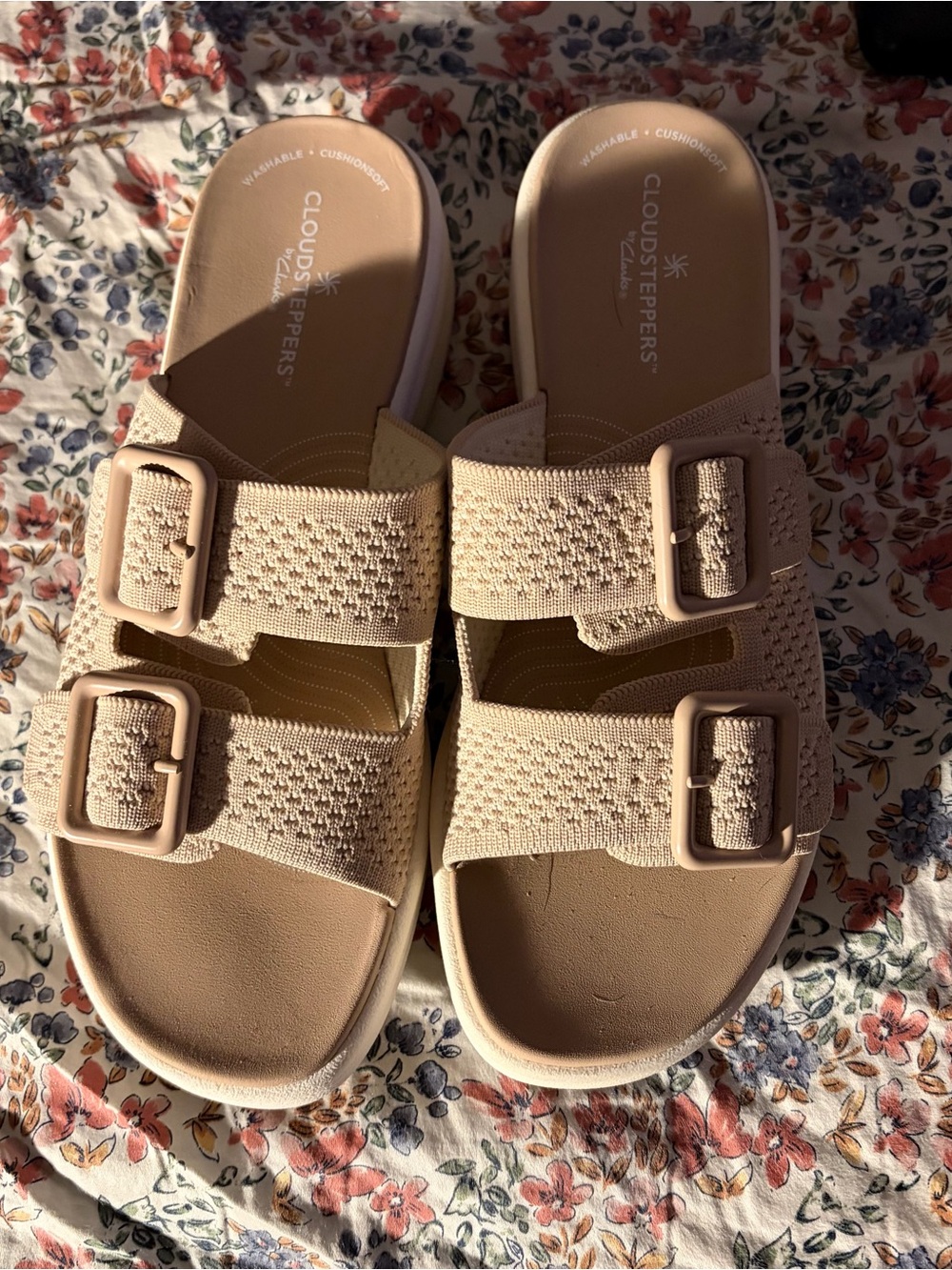 Clarks Cloudsteppers Knit Double-Buckle Slide Sandals in Light Beige